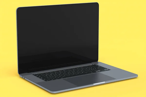 노란색 배경에 표시가 알루미늄 노트북이다 스튜디오 공간을 휴대용 컴퓨터 렌더링 — 스톡 사진