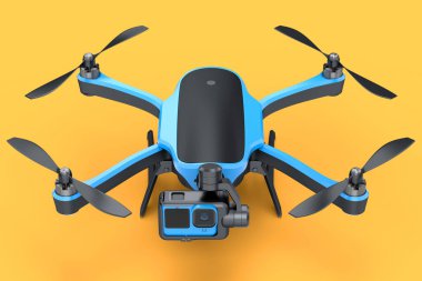 Uçan fotoğraf ve video mavi drone ya da kuadkopter turuncu arka planda izole edilmiş kamera. Dağıtım veya hava fotoğrafçılığı için aygıtın 3B görüntülemesi