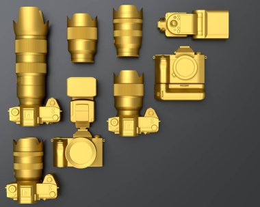 Var olmayan DSLR kamera, lens ve siyah arka planda ışık parlaması gibi altın tasarımlı çalışma alanı ve teçhizat üst görünümü. İllüstratör ve fotoğrafçılık araçları için aksesuarların 3d görüntülenmesi