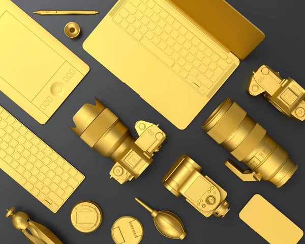 Top View Gold Designer Workspace Gear Laptop Tablet Digital Camera — Stock Photo, Image