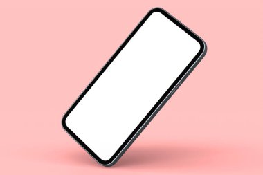 Pembe arka planda boş beyaz ekranlı gerçekçi gümüş akıllı telefon. Sunum için telefon şablonunun 3B görüntülenmesi ve küçük çalışma alanı aracı