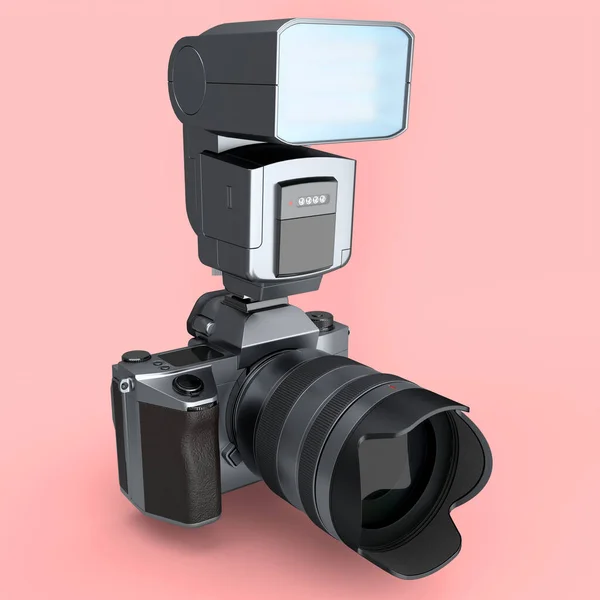 Fogalom Nem Létező Ezüst Dslr Kamera Lencsével Külső Flash Speedlight — Stock Fotó