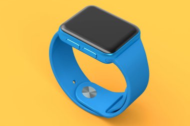 Turuncu arka planda mavi deri kayışı olan paslanmaz akıllı saat. Giyilebilir aygıt sağlığı ve fitness izleyicisi için 3B yorumlama kavramı