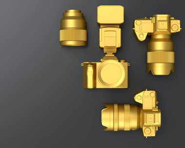 Var olmayan DSLR kamera, lens ve siyah arka planda ışıltı gibi altın tasarımcı çalışma alanı ve teçhizatının üst görüntüsü. İllüstratör ve fotoğrafçılık araçları için aksesuarların 3d görüntülenmesi