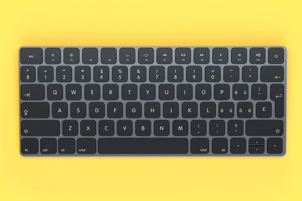 黄色の背景に隔離された現代のダークアルミコンピュータキーボード ホームオフィスやワークスペースのためのギアの3Dレンダリング — ストック写真