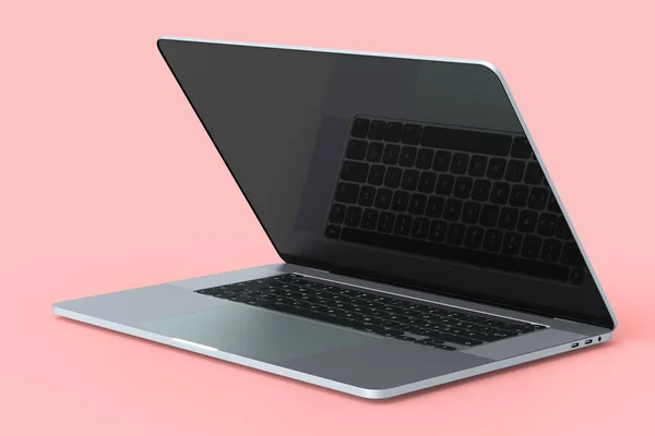 Realistyczny Aluminiowy Laptop Pustym Białym Ekranem Różowym Tle Renderowanie Zamkniętego — Zdjęcie stockowe