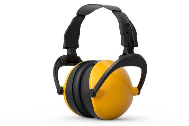 Beyaz arka planda izole edilmiş koruyucu sarı kulaklıklar. Tamir ve inşa etmek için kullanılan aracın 3d görüntülenmesi ve çizimi