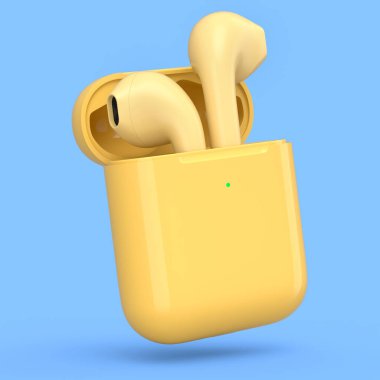 Mavi arka planda sarı çantalı kablosuz bluetooth kulaklıklar var. Müzik dinlemek ya da evden uzak çalışmak için aksesuarların 3B görüntülenmesi