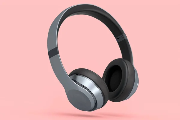 专业的银色游戏耳机在粉色背景下隔离 过度耳机的3D渲染和音乐设备的概念 — 图库照片