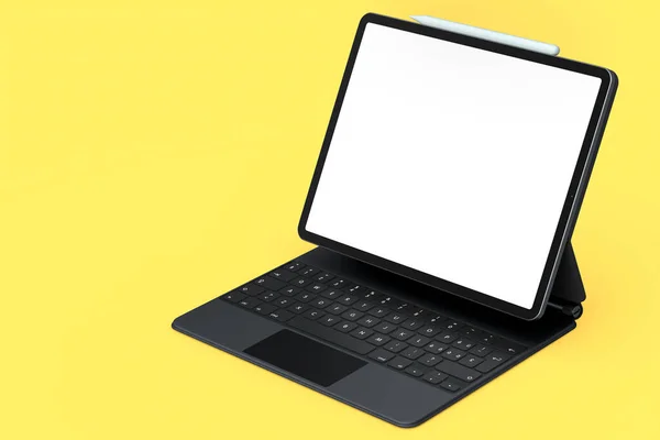 Computer Tablet Keyboard Blank Screen Isolated Yellow Background Rendering Concept — Stock Photo, Image