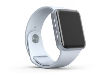 Beyaz arka planda beyaz kayışı olan paslanmaz gümüş akıllı saat. Giyilebilir aygıt sağlığı ve fitness izleyicisi için 3B yorumlama kavramı