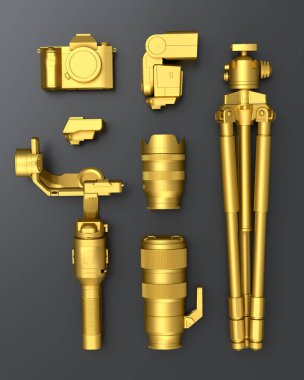 Var olmayan DSLR kamera, lens, tripod ve hız lambası gibi altın tasarımlı çalışma alanı ve teçhizatının üst görüntüsü siyah arkaplanda yanıp sönüyor. İllüstratör ve fotoğrafçılık araçları için aksesuarların 3d görüntülenmesi