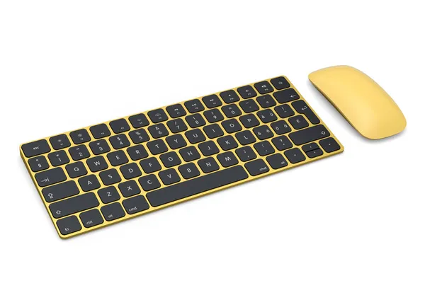 Teclado Computador Alumínio Dourado Moderno Mouse Isolado Fundo Branco Renderização — Fotografia de Stock