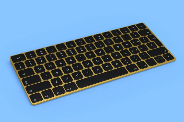 现代金铝制计算机键盘隔离在蓝色背景上 家庭办公室和工作空间装备的三维绘制 — 图库照片