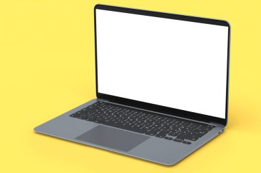 Sarı zemin üzerinde boş beyaz ekran görüntüsü olan gerçekçi alüminyum laptop. Ev stüdyosu çalışma alanı için 3D taşınabilir bilgisayar görüntüleme