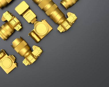 Var olmayan DSLR kamera, lens ve siyah arka planda ışıltı gibi altın tasarımcı çalışma alanı ve teçhizatının üst görüntüsü. İllüstratör ve fotoğrafçılık araçları için aksesuarların 3d görüntülenmesi