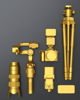Var olmayan DSLR kamera, lens, tripod ve hız lambası gibi altın tasarımlı çalışma alanı ve teçhizatının üst görüntüsü siyah arkaplanda yanıp sönüyor. İllüstratör ve fotoğrafçılık araçları için aksesuarların 3d görüntülenmesi