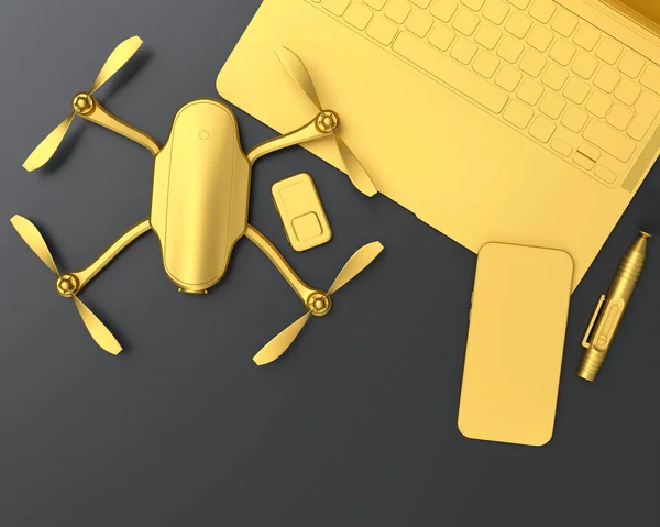 Top View Gold Designer Workspace Gear Laptop Tablet Drone Lens — Stock Photo, Image