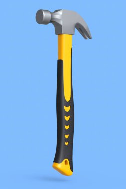 Siyah ve sarı çekiç, mavi arka planda izole edilmiş lastik saplı. Tamir ve inşa etmek için kullanılan aracın 3d görüntülenmesi ve çizimi