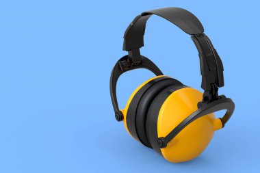 Mavi arka planda izole edilmiş koruyucu sarı kulaklıklar. Tamir ve inşa etmek için kullanılan aracın 3d görüntülenmesi ve çizimi
