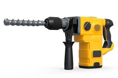 Kablolu elektrikli matkap ve beyaz arka planda izole edilmiş metal parçası. Onarım ve kurulum için aracın 3d görüntüleme ve resimlemesi