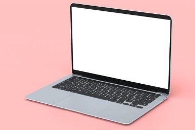 Pembe zemin üzerinde boş beyaz ekran görüntüsü olan gerçekçi alüminyum dizüstü bilgisayar. Ev stüdyosu çalışma alanı için 3D taşınabilir bilgisayar görüntüleme