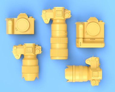 Var olmayan DSLR kamera, lens ve mavi arka planda ışık flaşı gibi tasarımcı çalışma alanının ve teçhizatının üst görüntüsü. İllüstratör ve fotoğrafçılık araçları için aksesuarların 3d görüntülenmesi