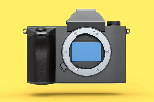 不存在的Dslr相机的概念孤立在一个黄色的背景 用于实时流媒体和博客的专业摄影设备的3D渲染和演示 — 图库照片