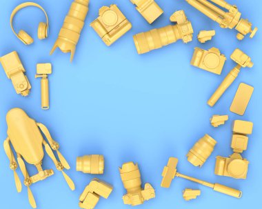 Var olmayan DSLR kamera, cep telefonu, insansız hava aracı ve mavi arkaplandaki selfie çubuğundaki aksiyon kamerası gibi tasarımcı çalışma alanının ve teçhizatının üst görüntüsü. Canlı yayın için 3D aksesuar hazırlama