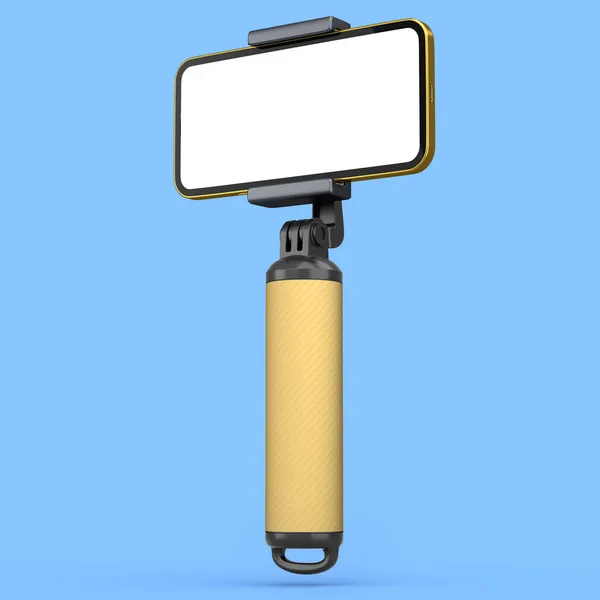 Ρεαλιστικό smartphone με λευκή οθόνη και selfie stick απομονωμένο σε μπλε — Φωτογραφία Αρχείου