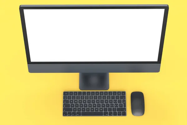 Tela de computador cinza escuro realista com teclado e mouse em amarelo — Fotografia de Stock