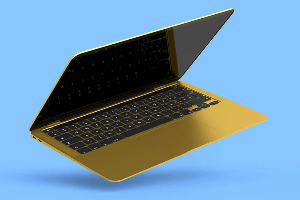 Realistyczny aluminiowy laptop z pustym białym ekranem na niebieskim tle. — Zdjęcie stockowe