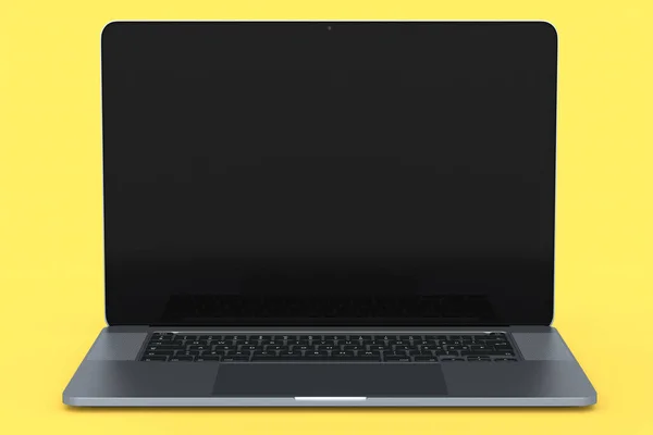 노란 배경에 빈 흰색 화면 이 있는 실제 알루미늄 노트북. — 스톡 사진