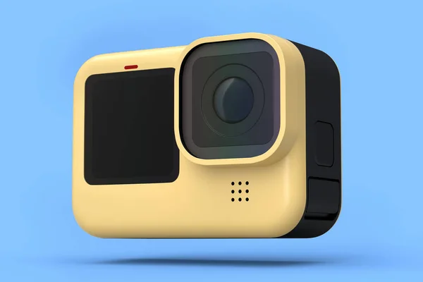 Foto en video lichtgewicht gele action camera met display op blauw — Stockfoto