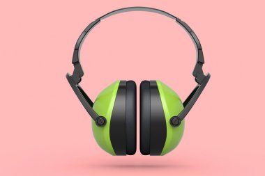 Pembe arka planda izole edilmiş koruyucu yeşil kulaklıklar. Tamir ve inşa etmek için kullanılan aracın 3d görüntülenmesi ve çizimi