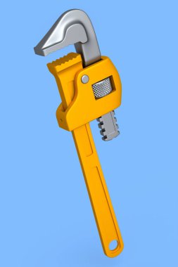 Ayarlanabilir boru anahtarı, anahtar ya da su tesisatı cihazı mavi arka planda izole edilmiş. Marangozluk işi veya ahşap araçları için 3d görüntüleme ve illüstrasyon