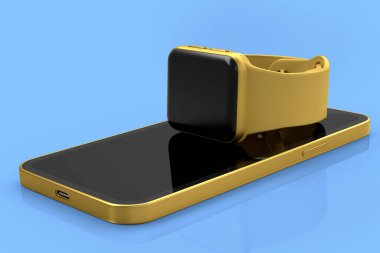 Mavi arka planda akıllı telefonun üzerinde duran akıllı saatlerin bir kopyası. Giyilebilir aygıt sağlık ve fitness izleyicisinin 3B görüntüleme konsepti