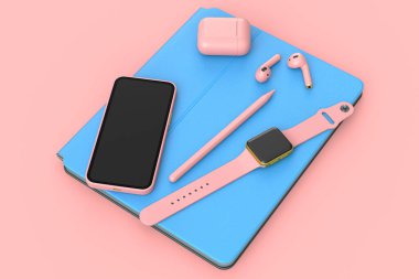Stylus 'lu bilgisayar tabletinin üst görüntüsü, akıllı saat, telefon ve kulaklıklar pembe arka planda izole edilmiş. Yaratıcı tasarım ekipmanı ve kompakt çalışma alanı üç boyutlu oluşturma kavramı