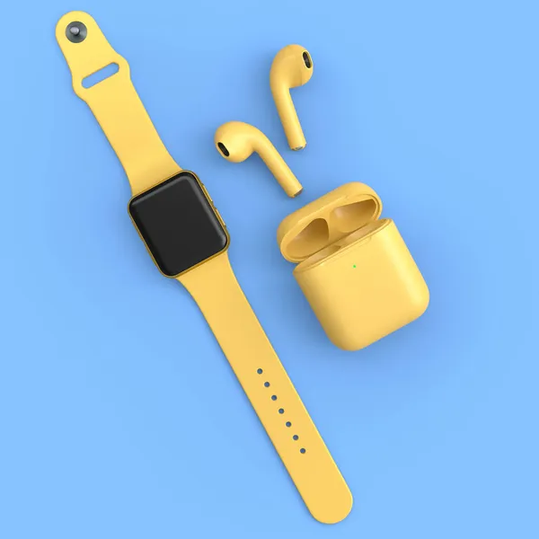 Roestvrij Slim Horloge Fitness Tracker Draadloze Bluetooth Hoofdtelefoon Blauwe Achtergrond — Stockfoto