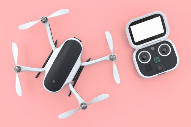 Fotoğraf ve video drone ya da hareket kamerası ve pembe arka planda uzaktan kumandalı dörtlü helikopter. Dağıtım ya da hava fotoğrafçılığı için 3B aygıt hazırlayıcı