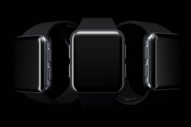 Siyah zemin üzerinde akıllı saat veya fitness izleyici seti... giyilebilir aygıt sağlığı ve fitness izleyicisinin 3 boyutlu oluşturma konsepti