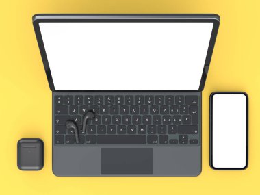 Sarı arka planda cep telefonu kulaklığı olan alüminyum bir laptop. Yaratıcı tasarım ekipmanı ve kompakt çalışma alanı üç boyutlu oluşturma kavramı