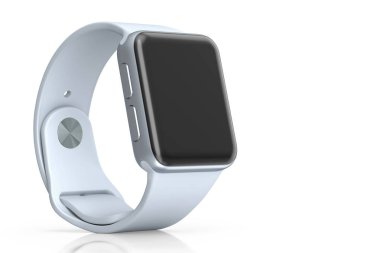 Beyaz arka planda beyaz kayışı olan paslanmaz gümüş akıllı saat. Giyilebilir aygıt sağlığı ve fitness izleyicisi için 3B yorumlama kavramı