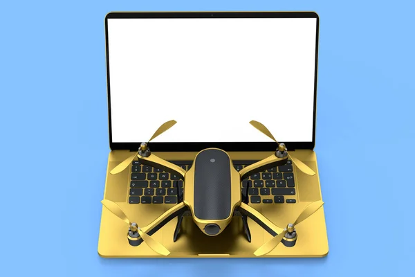 Top View Designer Workspace Photography Gear Laptop Drone Blue Background — Stock Photo, Image