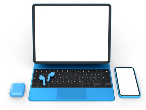 Aluminiowy Laptop Słuchawkami Białym Tle Koncepcja Renderowania Kreatywnego Designerskiego Sprzętu — Zdjęcie stockowe