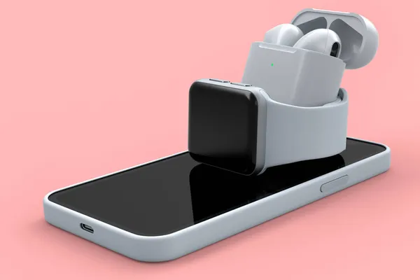 Mockup Van Slimme Horloges Draadloze Bluetooth Koptelefoon Liggend Smartphone Roze — Stockfoto