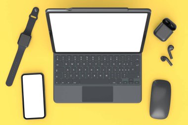 Sarı arka planda klavyesi, faresi, akıllı seğirmesi, telefonu ve kulaklığı olan alüminyum dizüstü bilgisayarın üst görüntüsü. Yaratıcı tasarım ekipmanı ve kompakt ev çalışma alanı konsepti