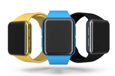 Beyaz arkaplandaki akıllı saat ya da fitness izleyicisi... giyilebilir aygıt sağlığı ve fitness izleyicisinin 3 boyutlu oluşturma konsepti