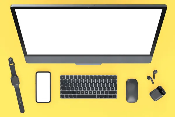 Widok Góry Komputera Stacjonarnego Klawiatury Myszy Smartwatch Telefon Słuchawki Żółtym — Zdjęcie stockowe