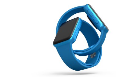 Beyaz arka planda mavi kayışlı gümüş akıllı saatler. Giyilebilir aygıt sağlığı ve fitness izleyicisi için 3B yorumlama kavramı